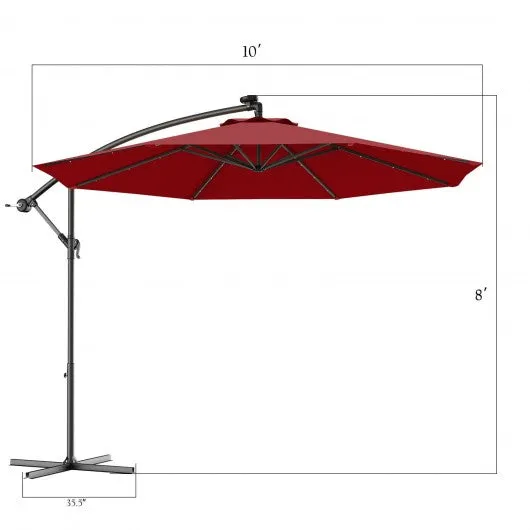 10 Inch Patio Hanging Solar LED Umbrella Sun Shade with Cross Base-Burgundy