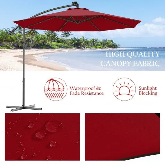 10 Inch Patio Hanging Solar LED Umbrella Sun Shade with Cross Base-Burgundy