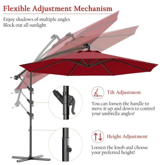 10 Inch Patio Hanging Solar LED Umbrella Sun Shade with Cross Base-Burgundy