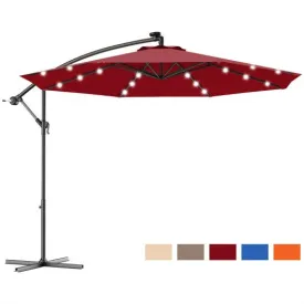 10 Inch Patio Hanging Solar LED Umbrella Sun Shade with Cross Base-Burgundy