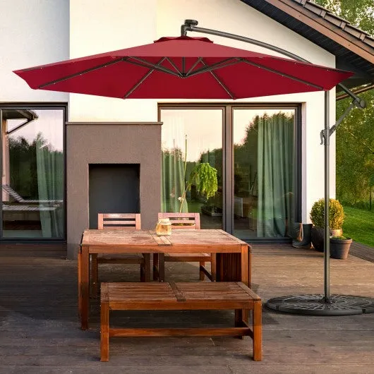 10 Inch Patio Hanging Solar LED Umbrella Sun Shade with Cross Base-Burgundy