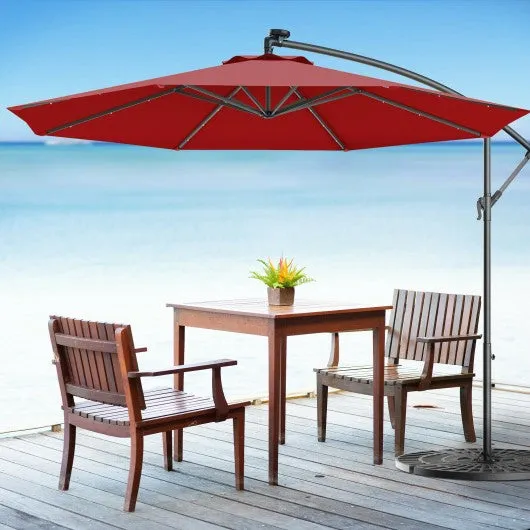 10 Inch Patio Hanging Solar LED Umbrella Sun Shade with Cross Base-Burgundy