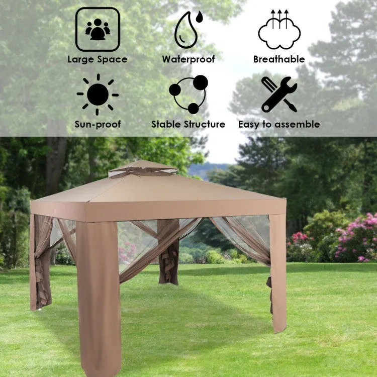 10 x 10 Feet Patio Canopy Gazebo with Neting and Double Tiered Roof