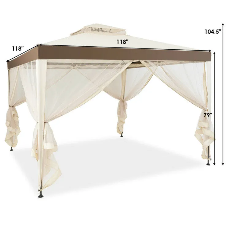 10 x 10 Feet Patio Canopy Gazebo with Neting and Double Tiered Roof