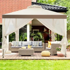 10 x 10 Feet Patio Canopy Gazebo with Neting and Double Tiered Roof