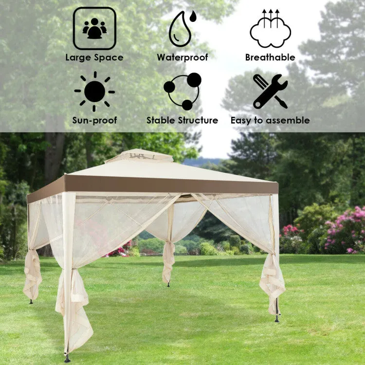 10 x 10 Feet Patio Canopy Gazebo with Neting and Double Tiered Roof