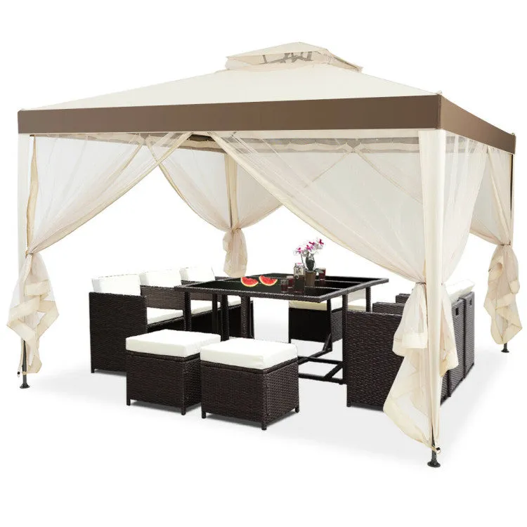 10 x 10 Feet Patio Canopy Gazebo with Neting and Double Tiered Roof