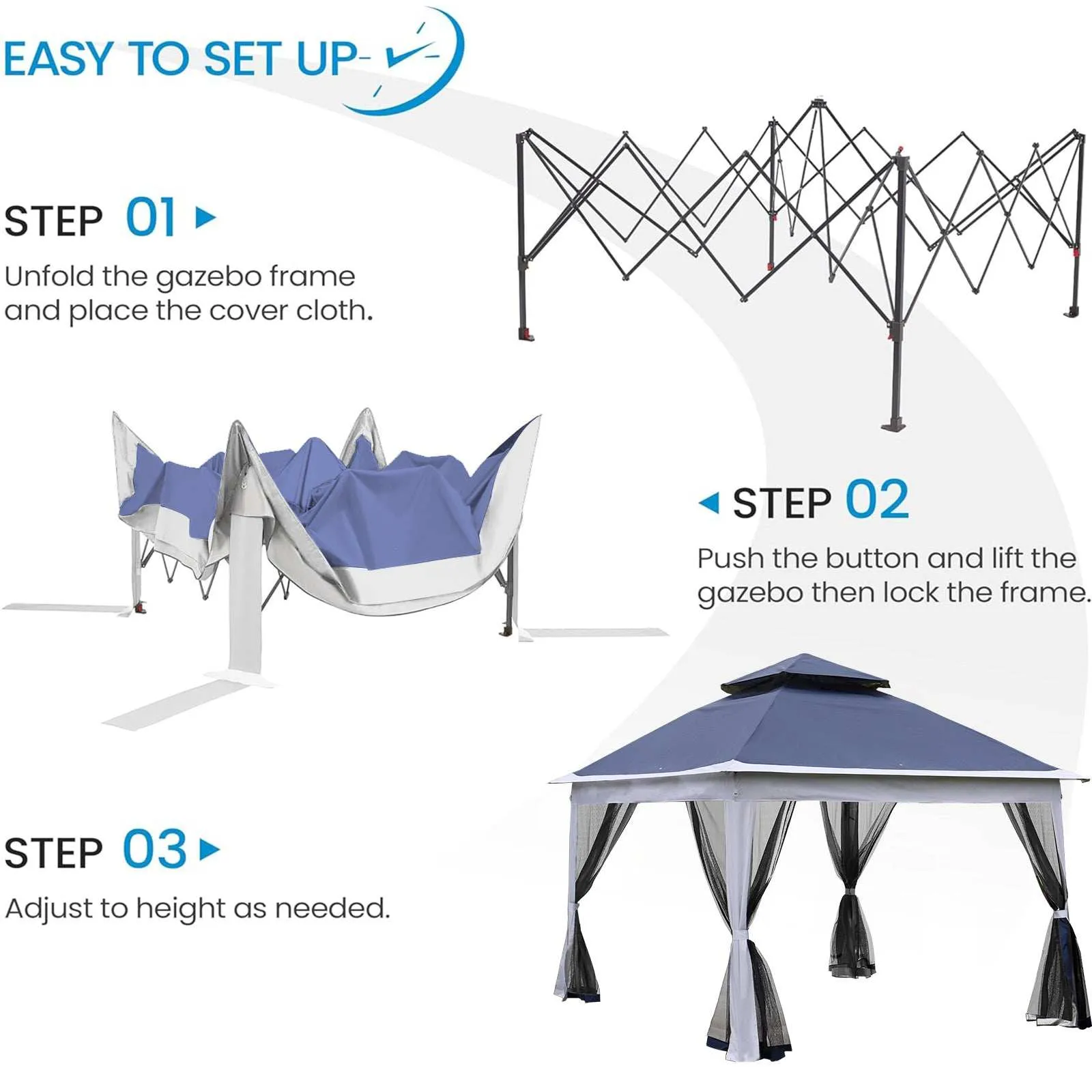 11 x 11 Ft Pop Up Gazebo Canopy With Removable Zipper Netting Blue