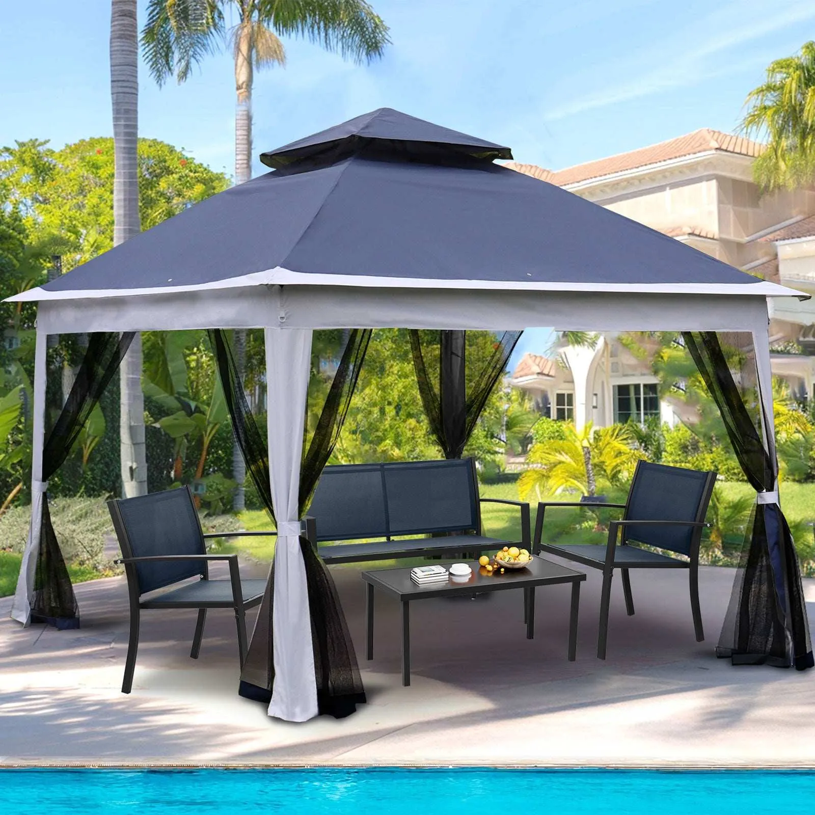 11 x 11 Ft Pop Up Gazebo Canopy With Removable Zipper Netting Blue