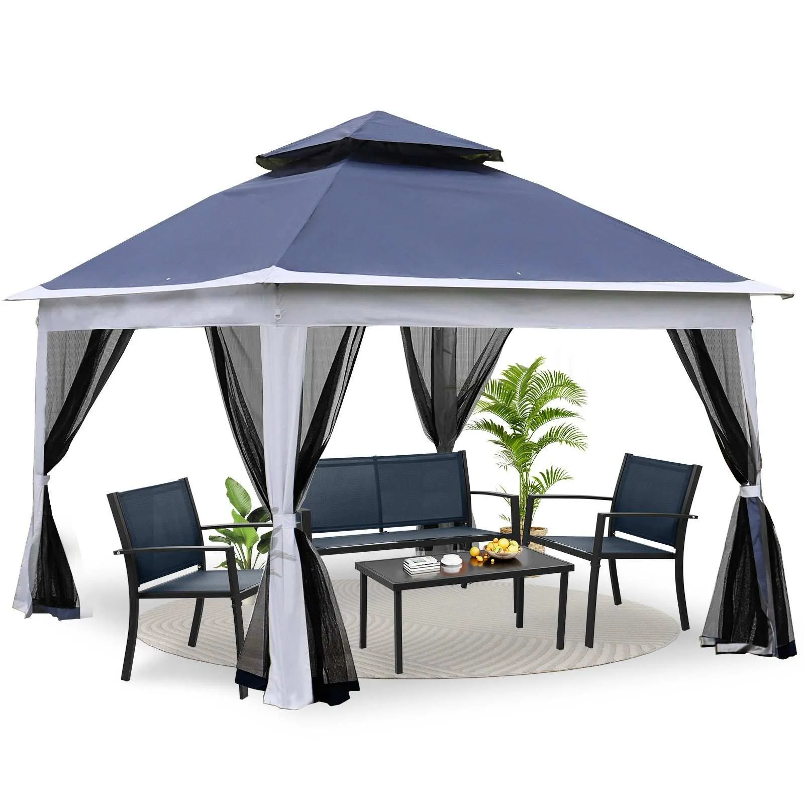 11 x 11 Ft Pop Up Gazebo Canopy With Removable Zipper Netting Blue