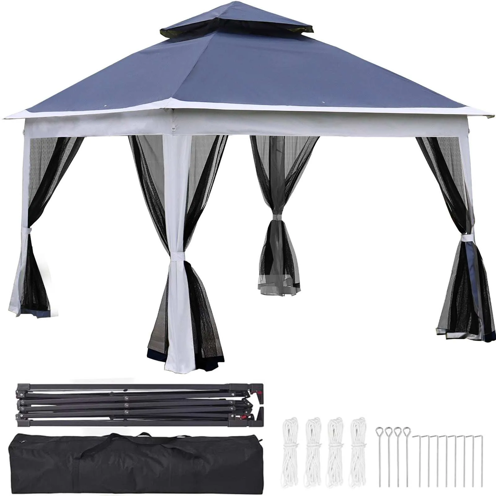 11 x 11 Ft Pop Up Gazebo Canopy With Removable Zipper Netting Blue