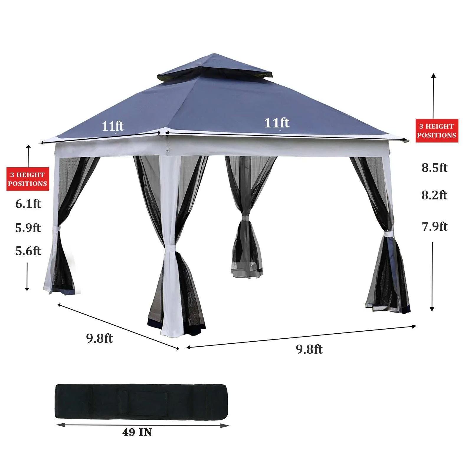 11 x 11 Ft Pop Up Gazebo Canopy With Removable Zipper Netting Blue