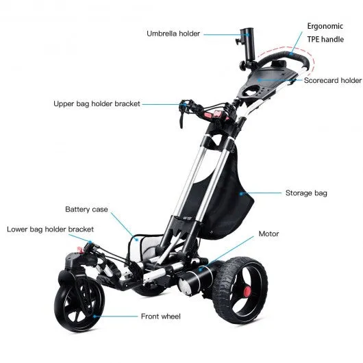 120 W Foldable Electric Golf Push Cart with Umbrella Holder