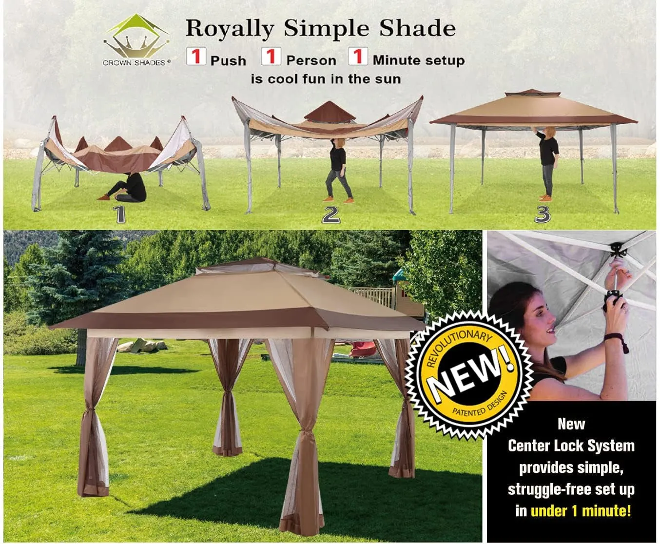 13X13 Pop up Gazebo, Patented One Push Outoor Canopy Tent with Wheeled Sto-N-Go Cover Bag, Pop up Canopy with Netting for Patio, Party, Backyard (13X13, Beige & Coffee)