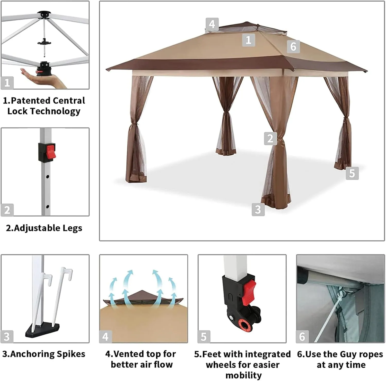 13X13 Pop up Gazebo, Patented One Push Outoor Canopy Tent with Wheeled Sto-N-Go Cover Bag, Pop up Canopy with Netting for Patio, Party, Backyard (13X13, Beige & Coffee)