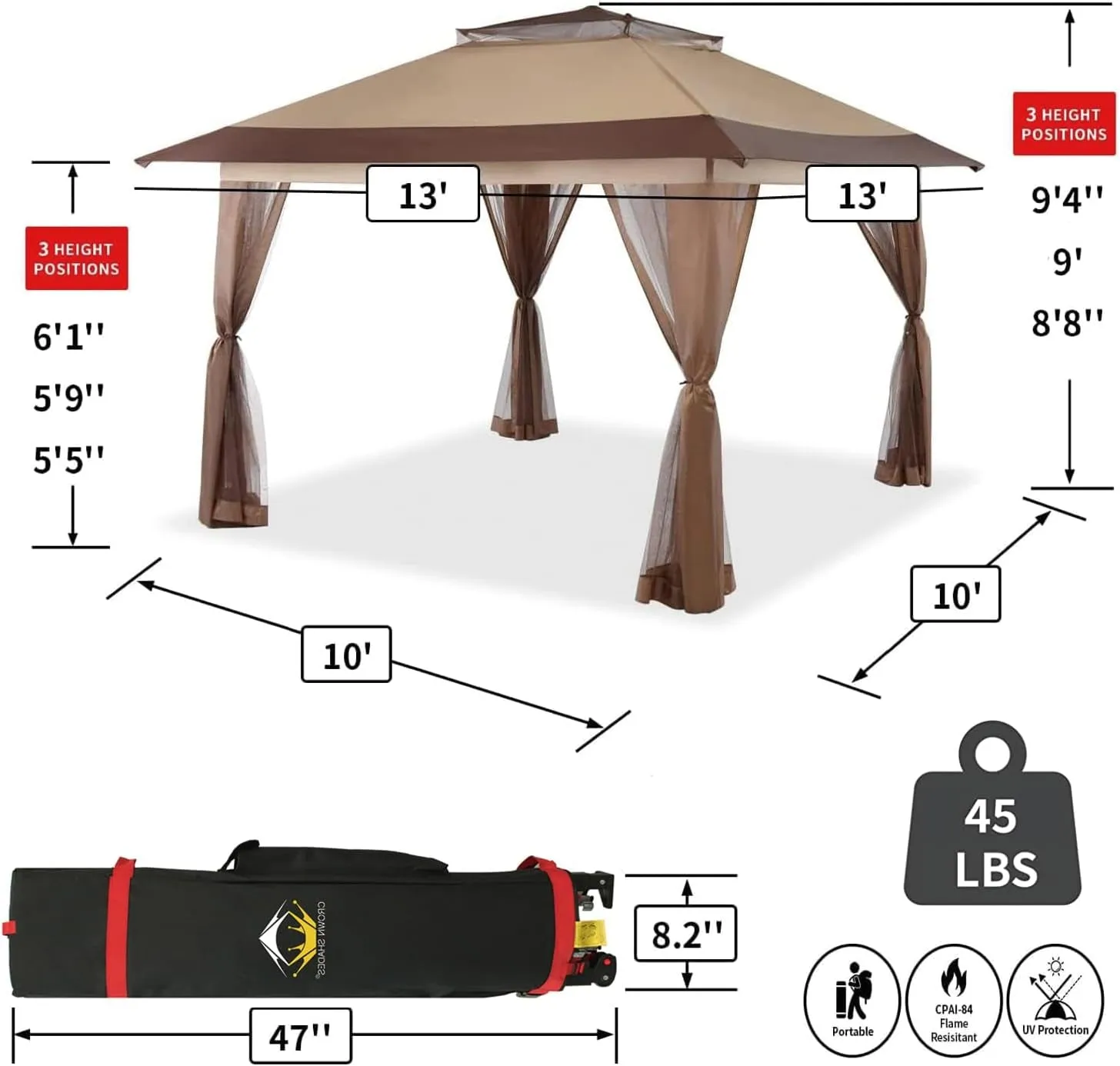 13X13 Pop up Gazebo, Patented One Push Outoor Canopy Tent with Wheeled Sto-N-Go Cover Bag, Pop up Canopy with Netting for Patio, Party, Backyard (13X13, Beige & Coffee)