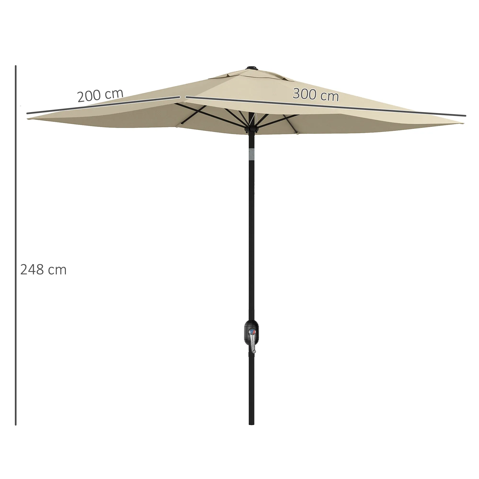 2 x 3(m) Garden Parasol Umbrella, Rectangular Market Umbrella Sun Shade w/ Crank & Push Button Tilt, 6 Ribs, Aluminium Pole, Cream