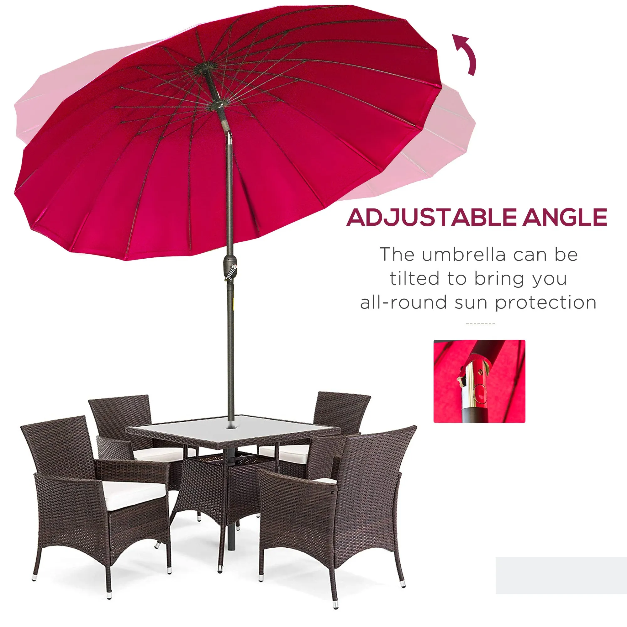 Ф255cm Patio Parasol Umbrella Outdoor Market Table Parasol with Push Button Tilt Crank and Sturdy Ribs for Garden Lawn Backyard Pool Wine Red