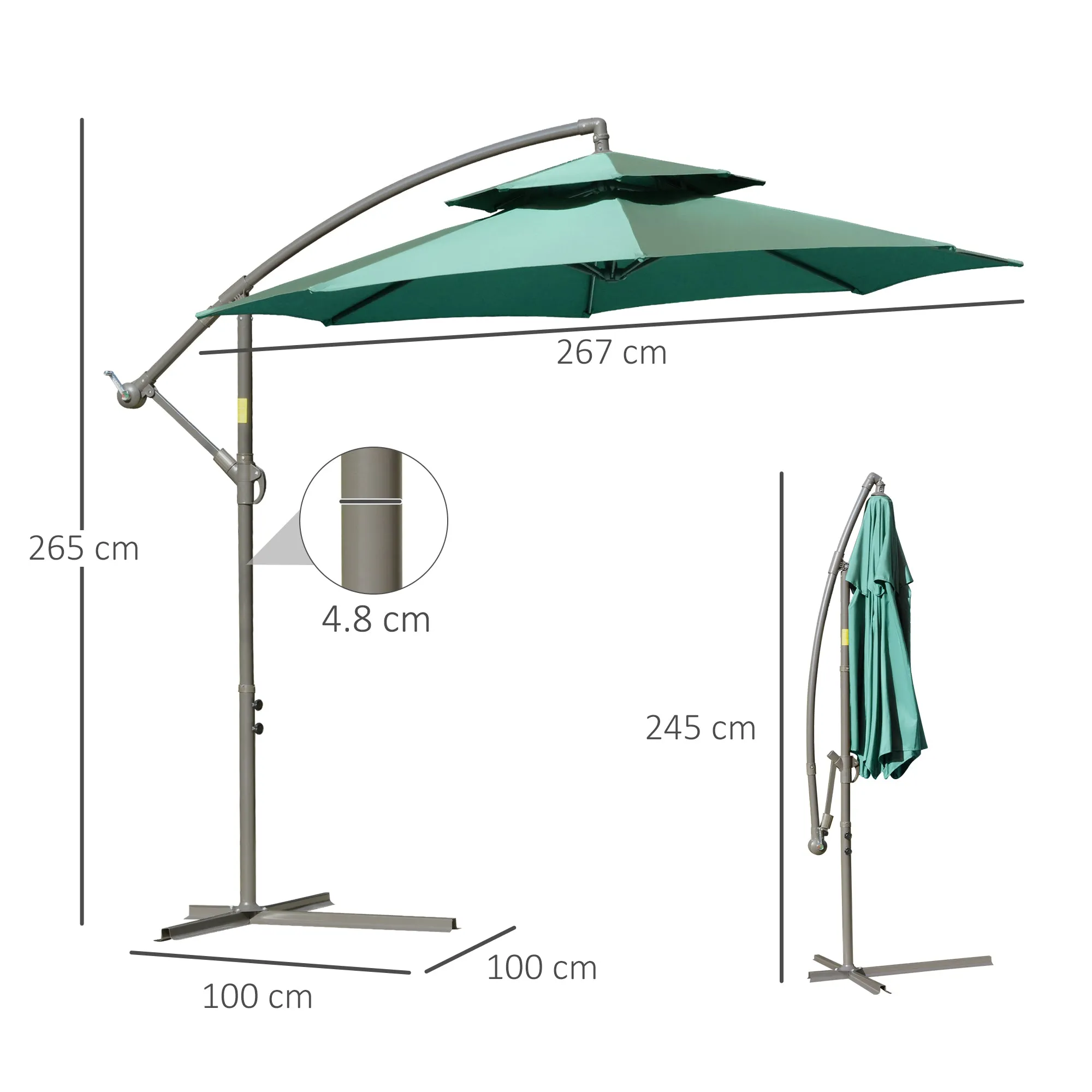 2.7m Banana Parasol Cantilever Umbrella with Crank Handle , Double Tier Canopy and Cross Base for Outdoor, Hanging Sun Shade, Green