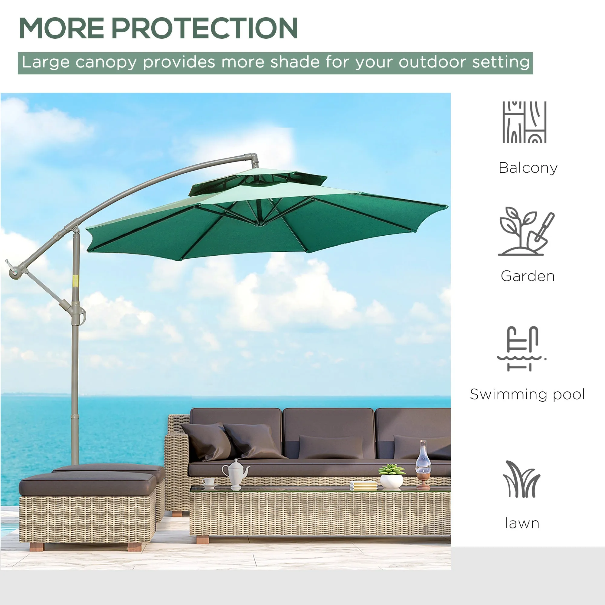 2.7m Banana Parasol Cantilever Umbrella with Crank Handle , Double Tier Canopy and Cross Base for Outdoor, Hanging Sun Shade, Green