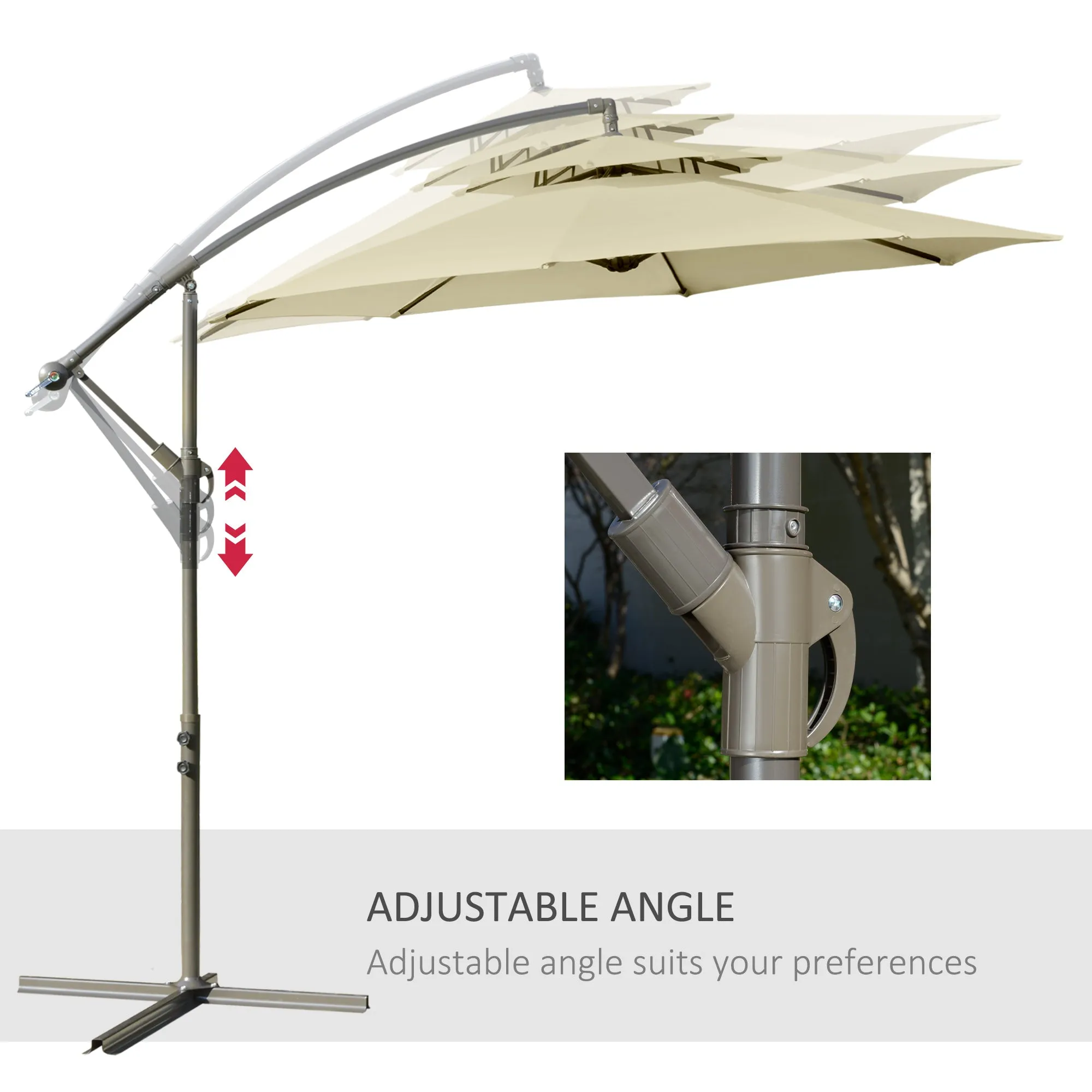 2.7m Garden Banana Parasol Cantilever Umbrella with Crank Handle, Double Tier Canopy and Cross Base for Outdoor, Hanging Sun Shade, Beige