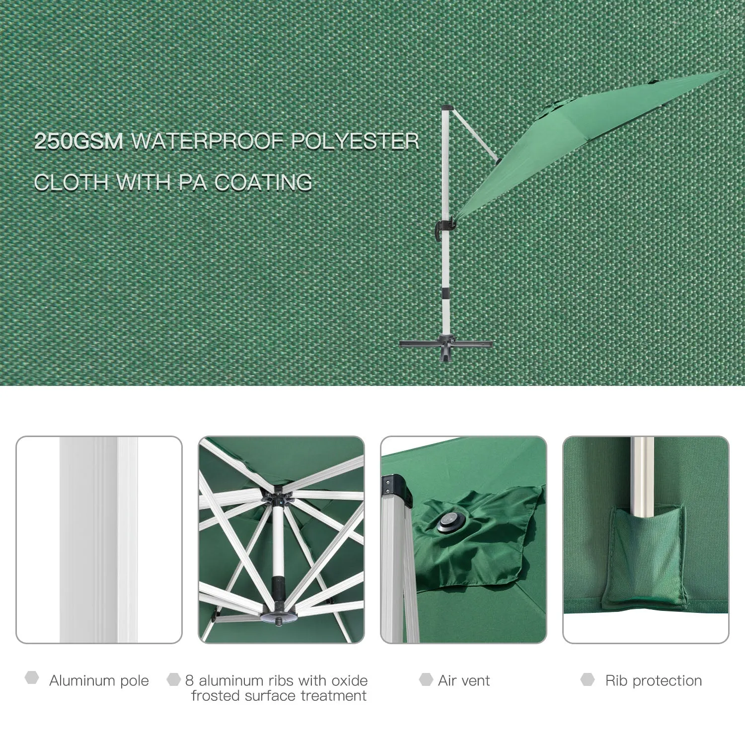 3 x 3(m) Cantilever Parasol, Square Garden Umbrella with Cross Base, Crank Handle, Tilt, 360¬∞ Rotation and Aluminium Frame, Green