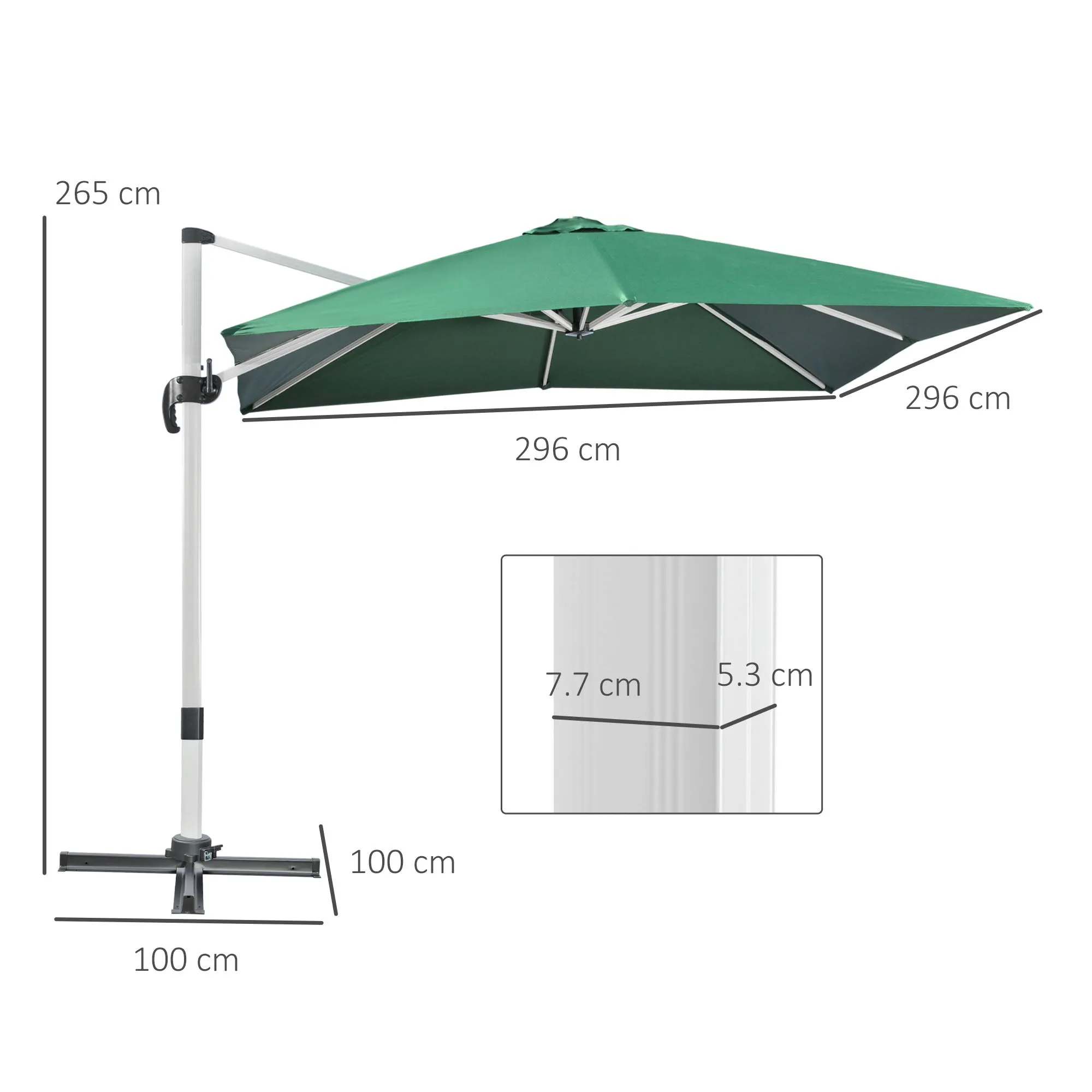 3 x 3(m) Cantilever Parasol, Square Garden Umbrella with Cross Base, Crank Handle, Tilt, 360¬∞ Rotation and Aluminium Frame, Green