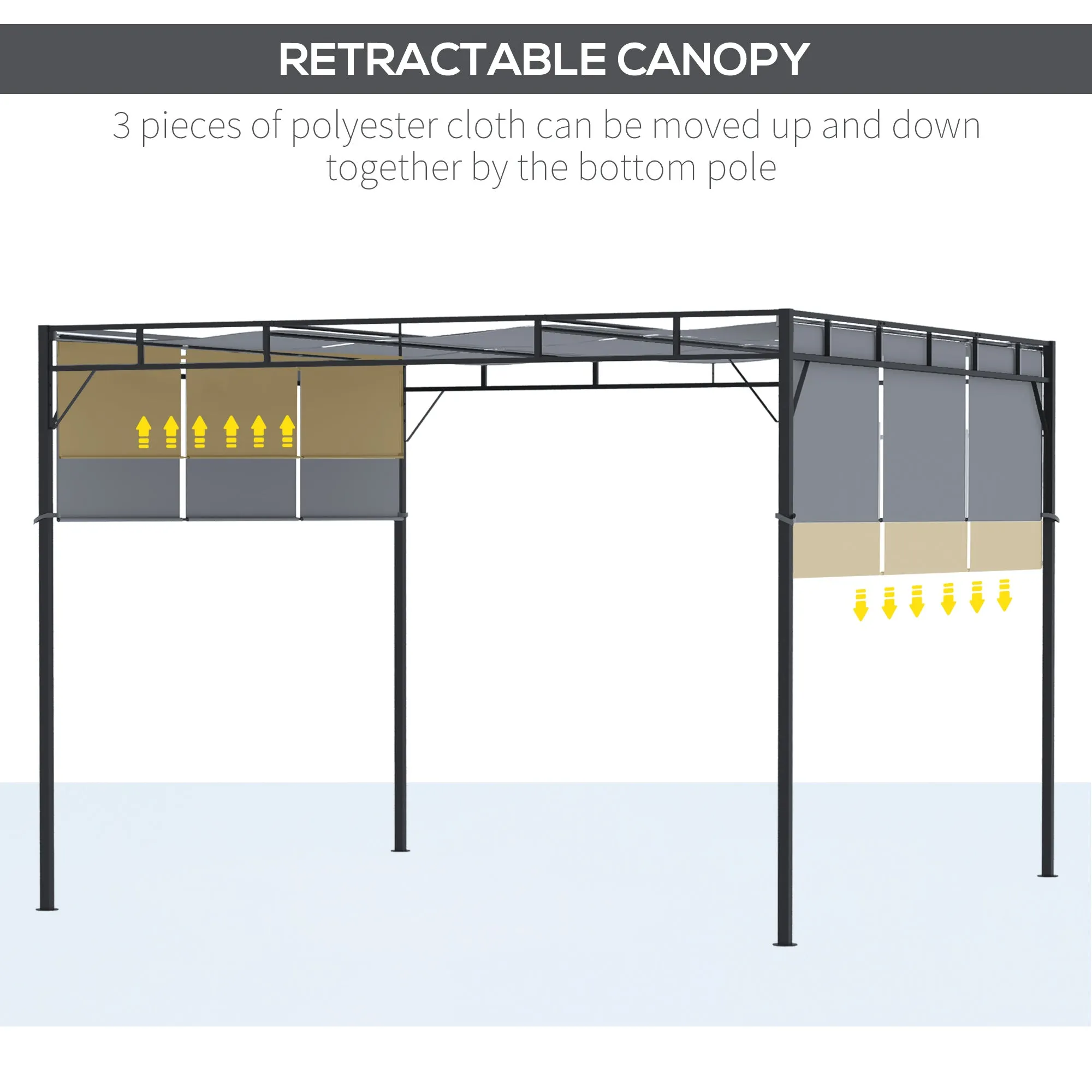 3 x 3(m) Steel Pergola Gazebo Garden Shelter with Retractable Roof Canopy for Outdoor, Patio, Dark Grey