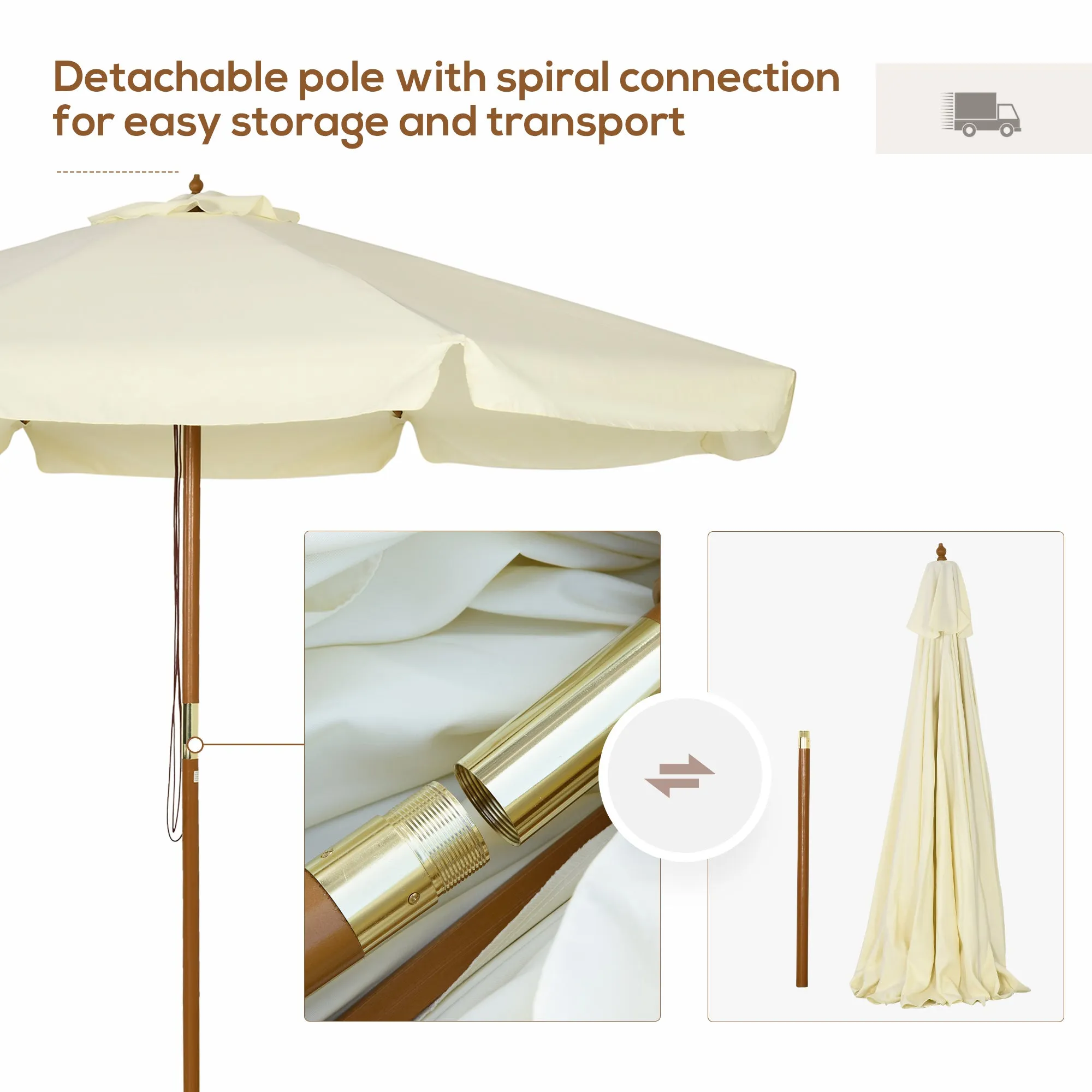 3.3(m) Patio Umbrella, Garden Parasol, Outdoor Sun Shade Canopy with 8 Bamboo Ribs, Ruffles and Wood Pole, Beige