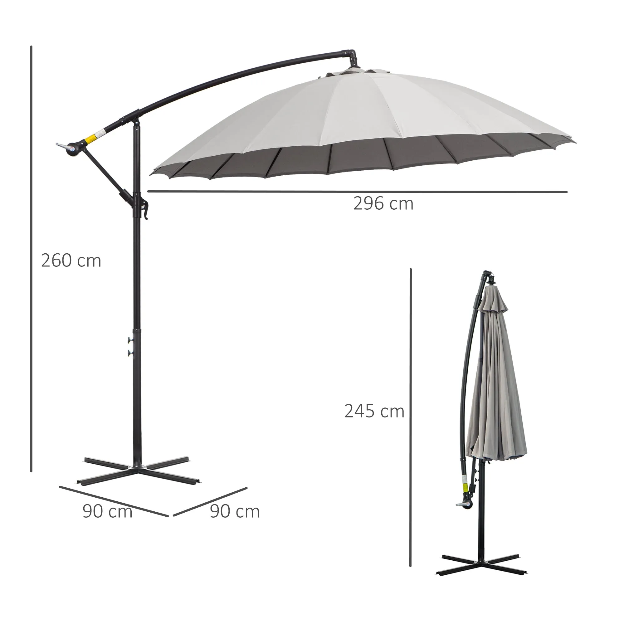 3(m) Cantilever Garden Hanging Banana Sun Umbrella with Crank Handle, 18 Sturdy Ribs and Cross Base, Grey