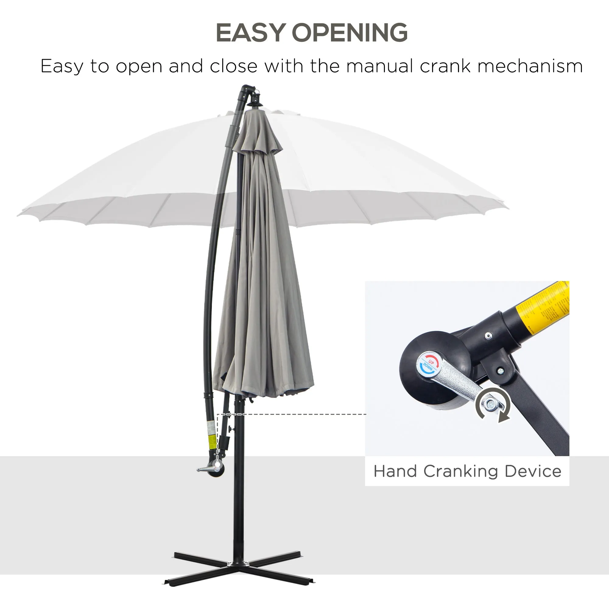 3(m) Cantilever Garden Hanging Banana Sun Umbrella with Crank Handle, 18 Sturdy Ribs and Cross Base, Grey