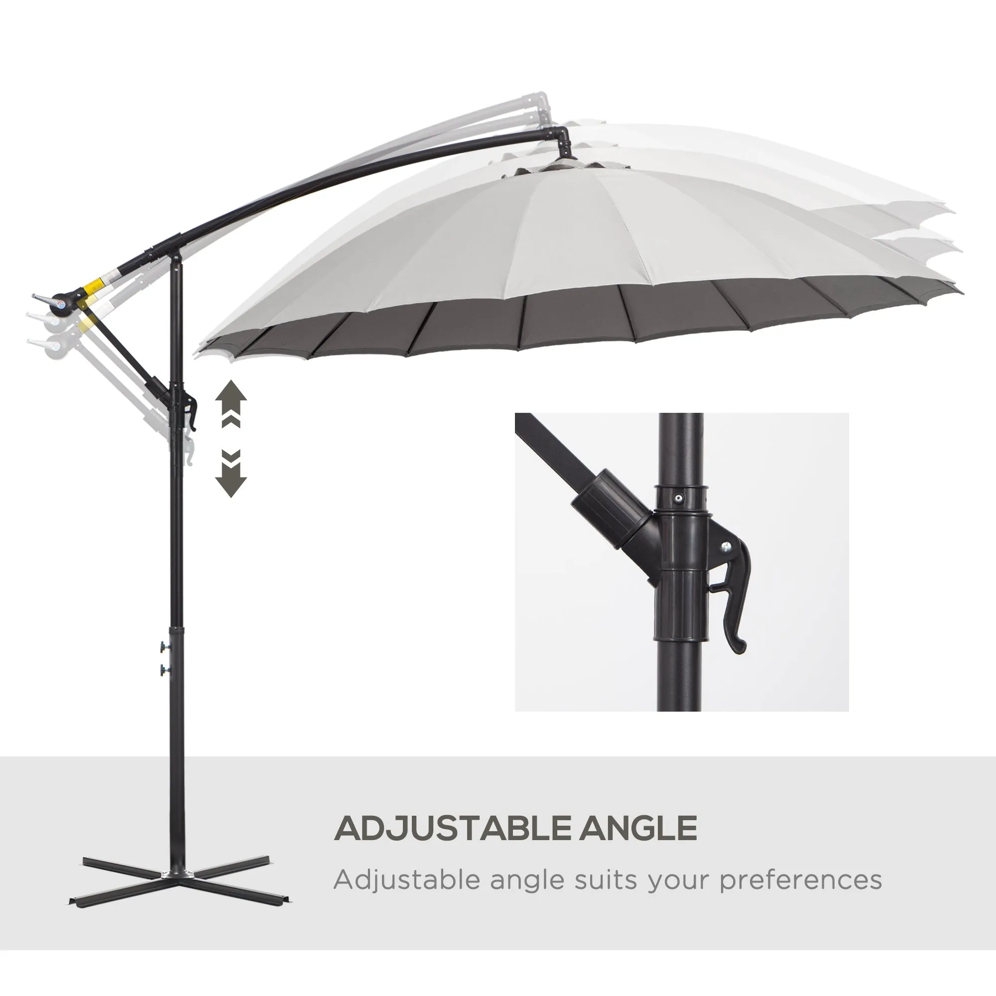 3(m) Cantilever Garden Hanging Banana Sun Umbrella with Crank Handle, 18 Sturdy Ribs and Cross Base, Grey