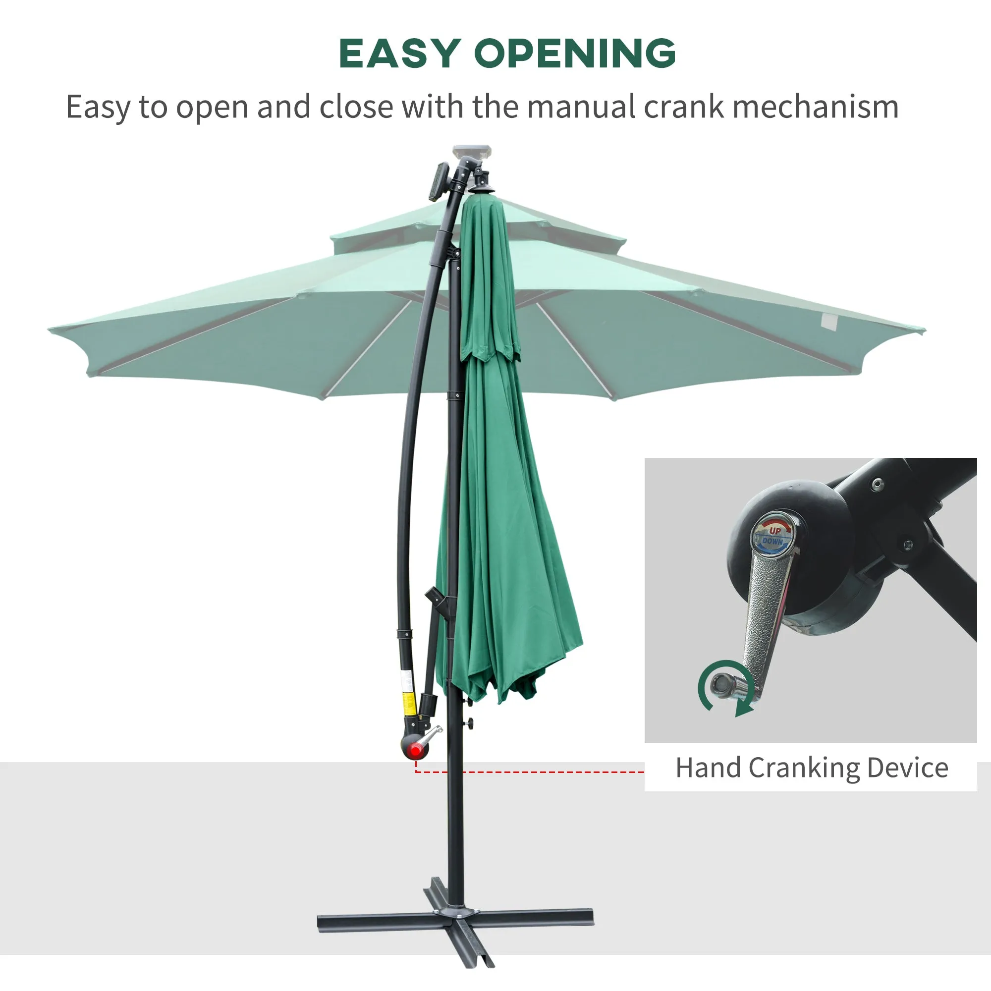 3(m) Cantilever Parasol Banana Hanging Umbrella with Double Roof, LED Solar lights, Crank, 8 Sturdy Ribs and Cross Base Green