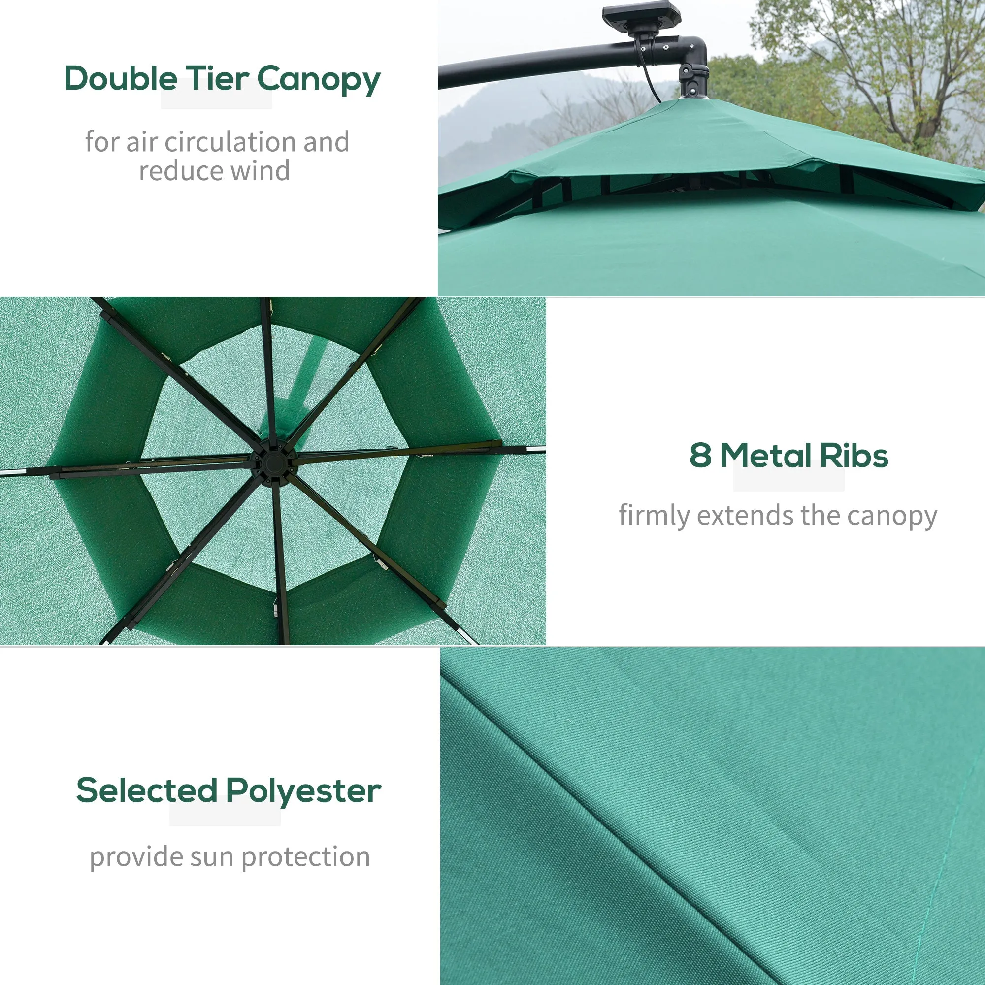 3(m) Cantilever Parasol Banana Hanging Umbrella with Double Roof, LED Solar lights, Crank, 8 Sturdy Ribs and Cross Base Green