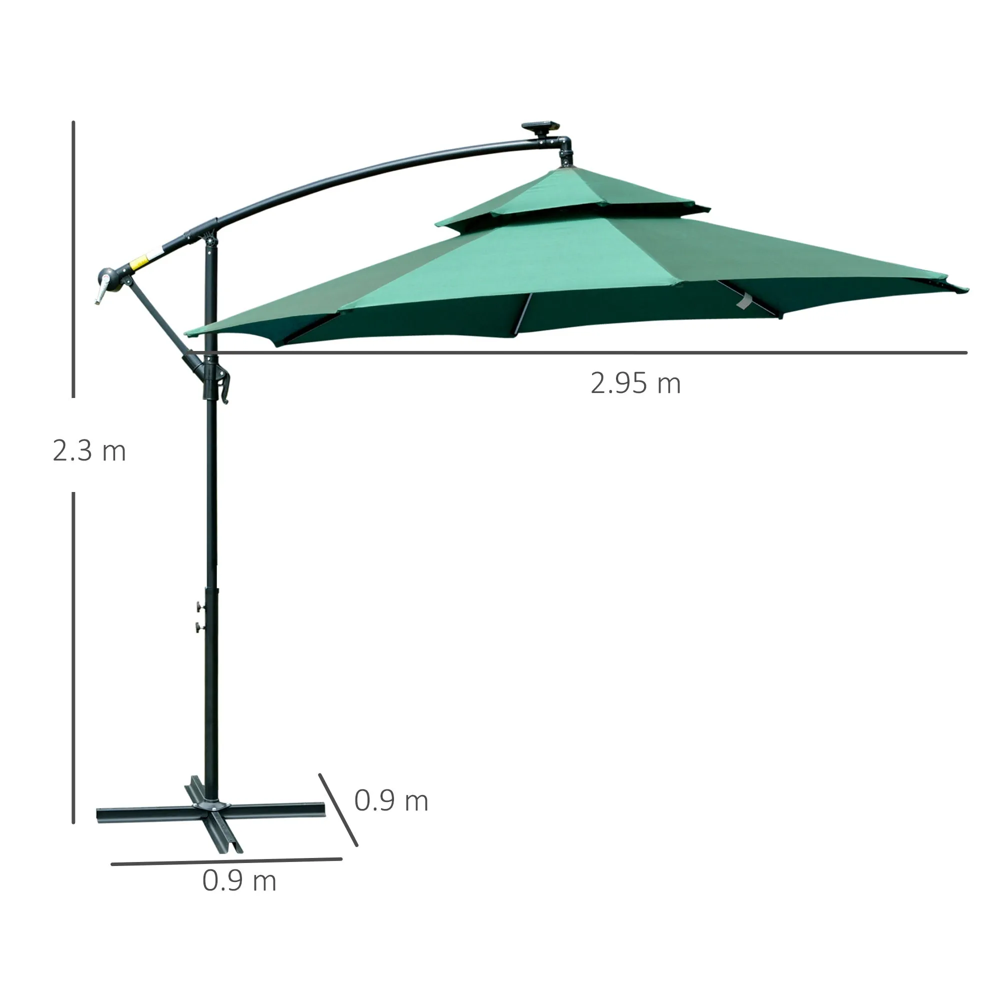 3(m) Cantilever Parasol Banana Hanging Umbrella with Double Roof, LED Solar lights, Crank, 8 Sturdy Ribs and Cross Base Green