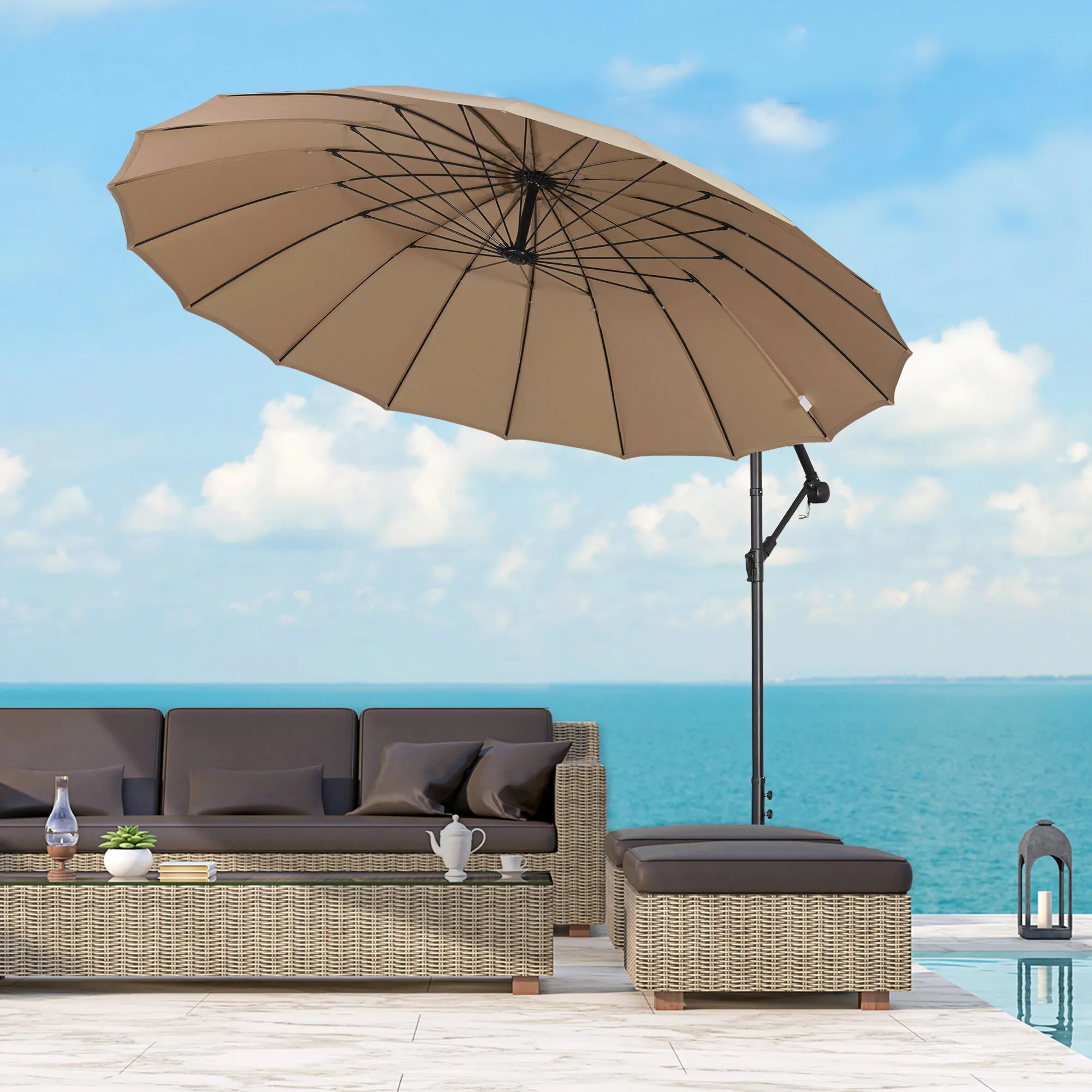 3(m) Cantilever Shanghai Parasol Garden Hanging Banana Sun Umbrella with Crank Handle, 18 Sturdy Ribs and Cross Base, Beige