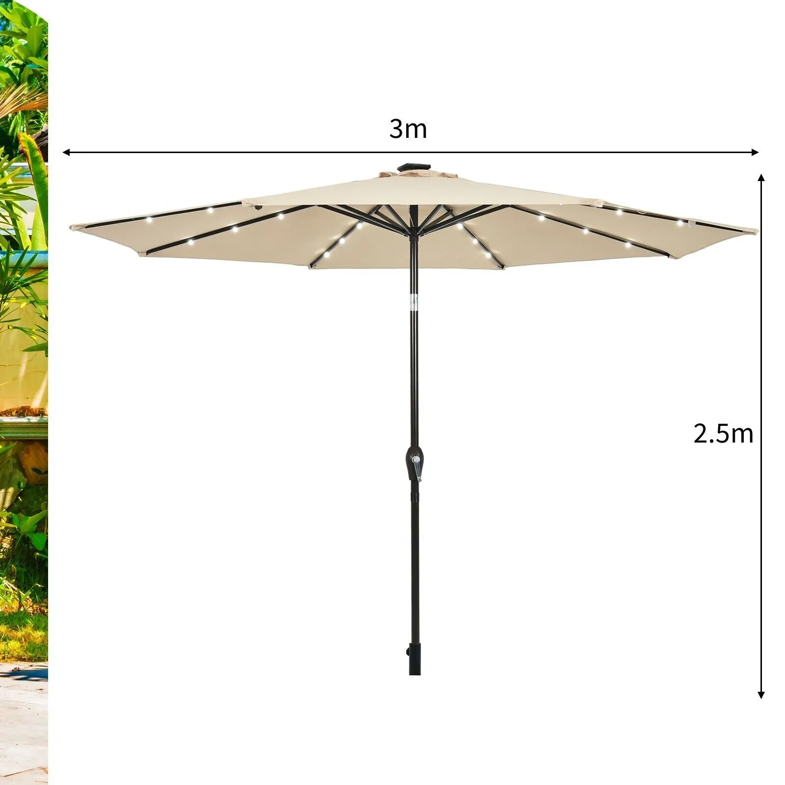 3m Solar Powered LED Lighted Patio Umbrella with Tilt and Crank-Beige