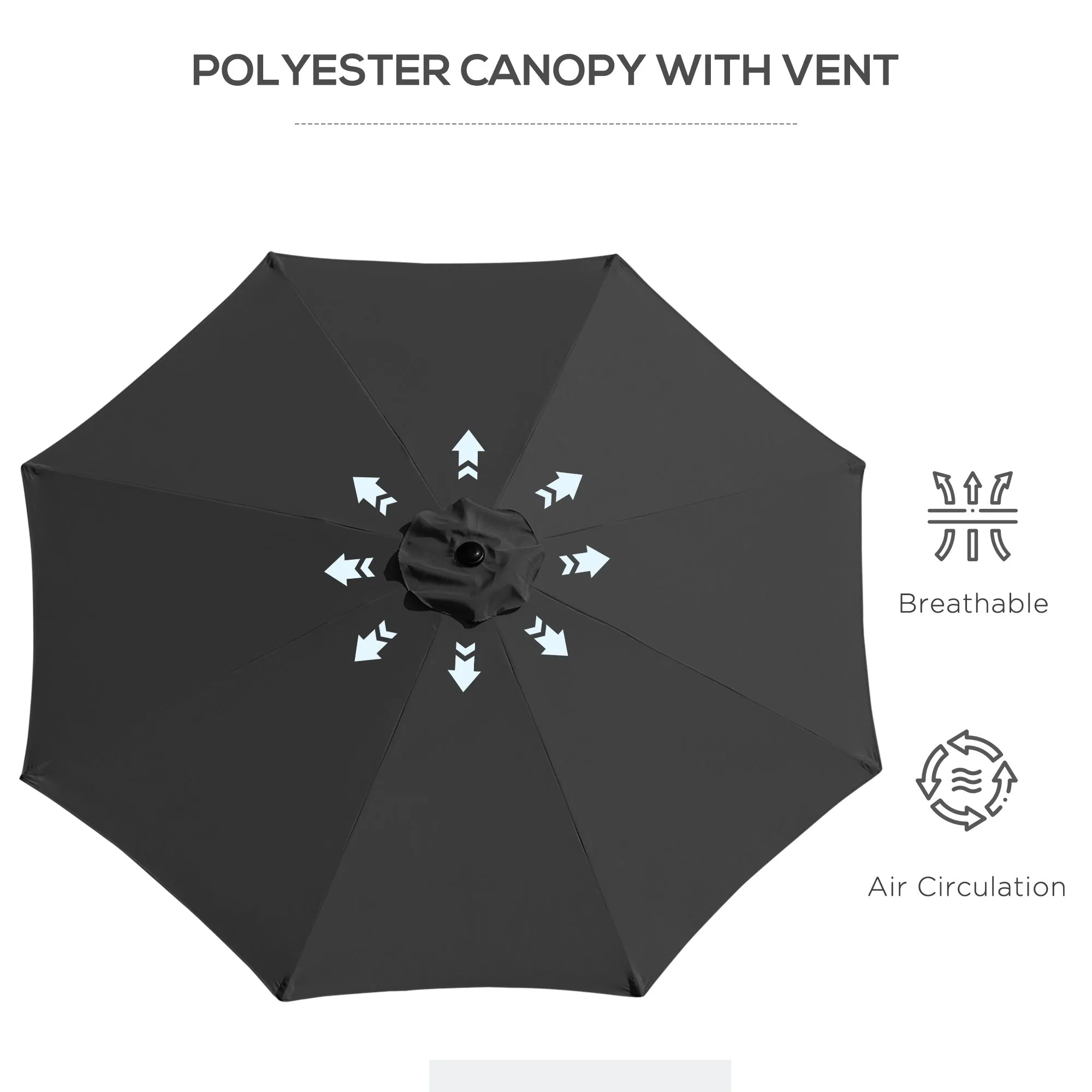 3(m) Tilting Parasol Garden Umbrellas, Outdoor Sun Shade with 8 Ribs, Tilt and Crank Handle for Balcony, Bench, Garden, Black