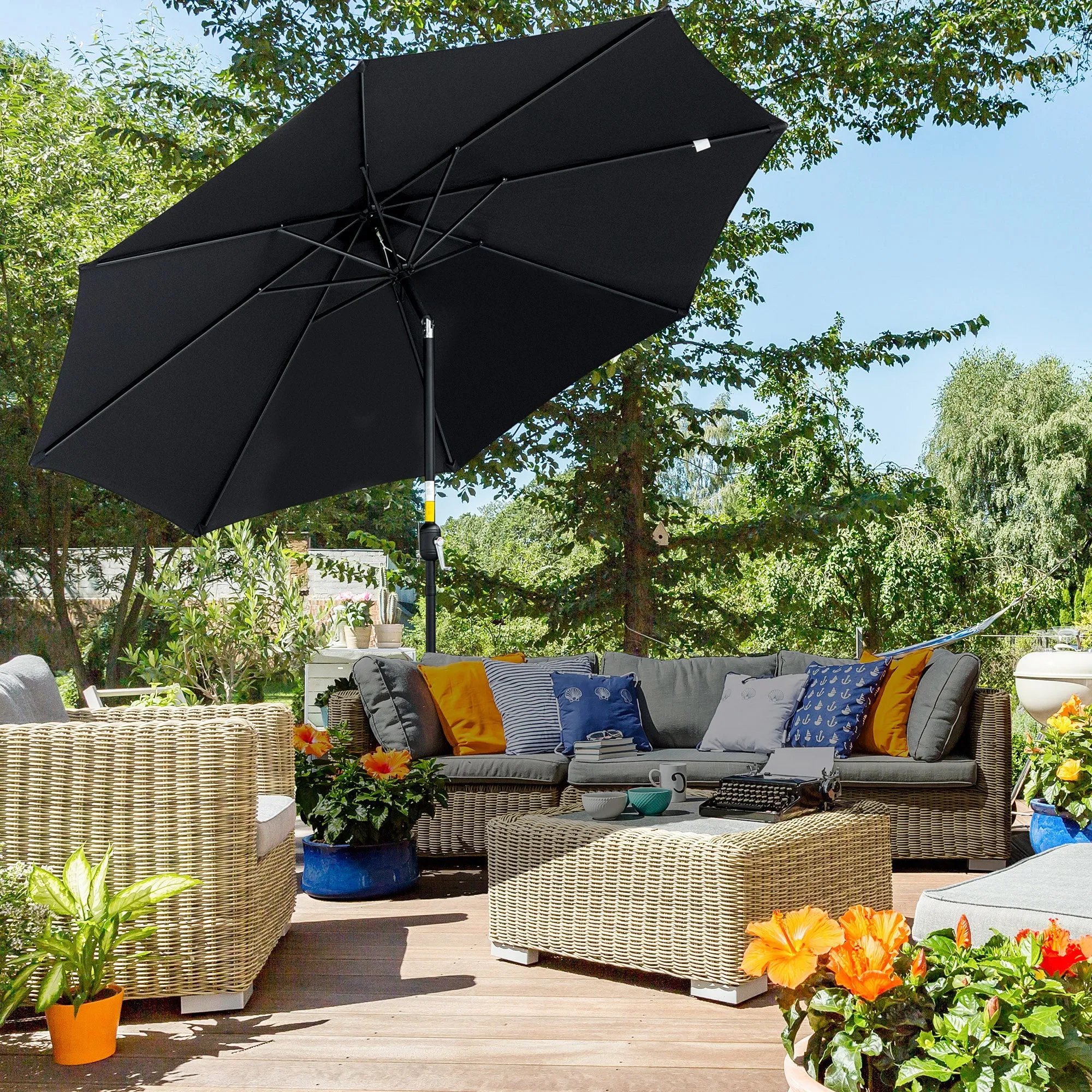 3(m) Tilting Parasol Garden Umbrellas, Outdoor Sun Shade with 8 Ribs, Tilt and Crank Handle for Balcony, Bench, Garden, Black