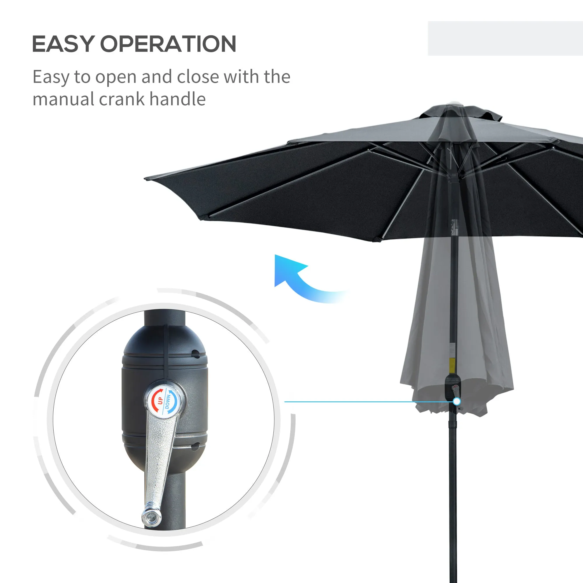 3(m) Tilting Parasol Garden Umbrellas, Outdoor Sun Shade with 8 Ribs, Tilt and Crank Handle for Balcony, Bench, Garden, Black