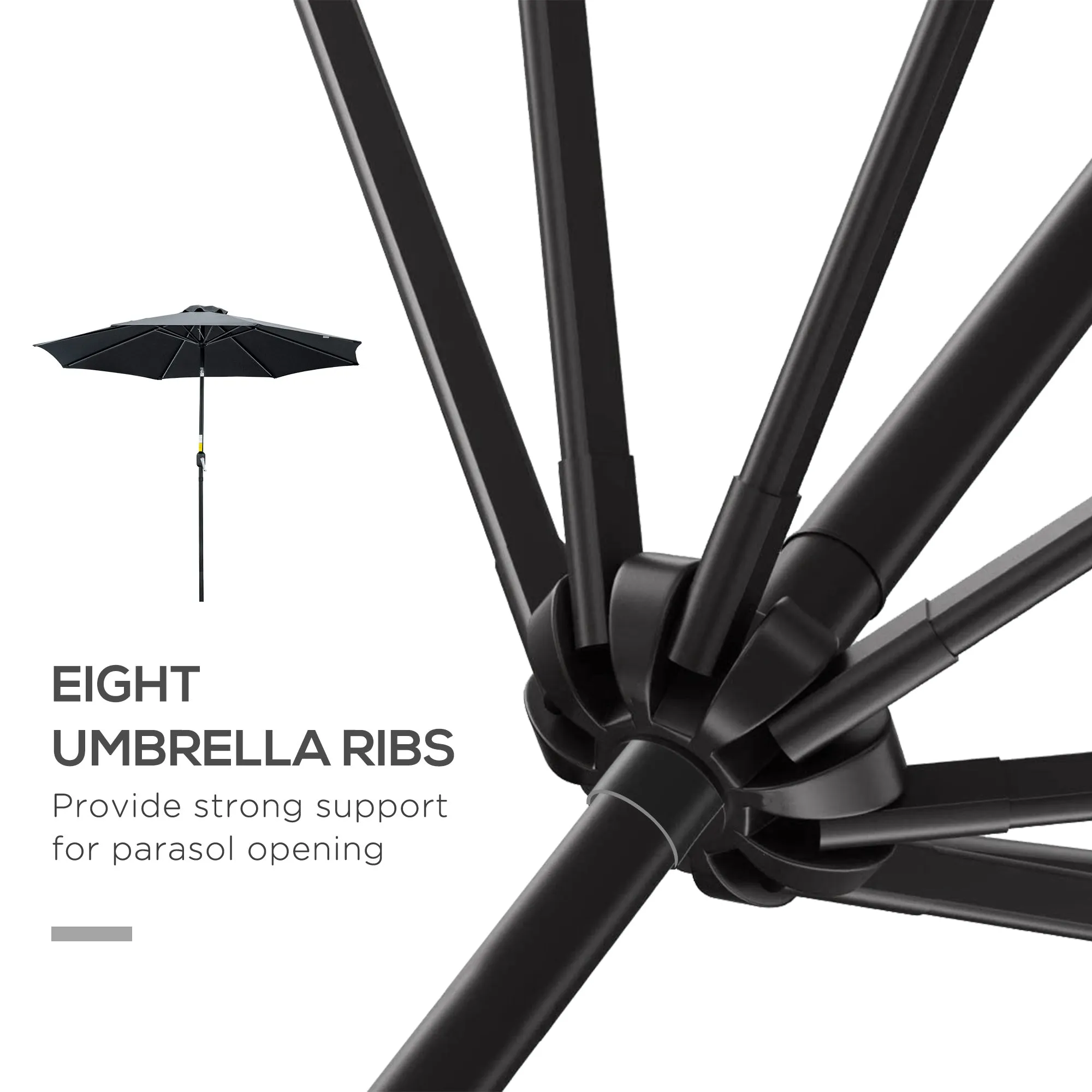 3(m) Tilting Parasol Garden Umbrellas, Outdoor Sun Shade with 8 Ribs, Tilt and Crank Handle for Balcony, Bench, Garden, Black