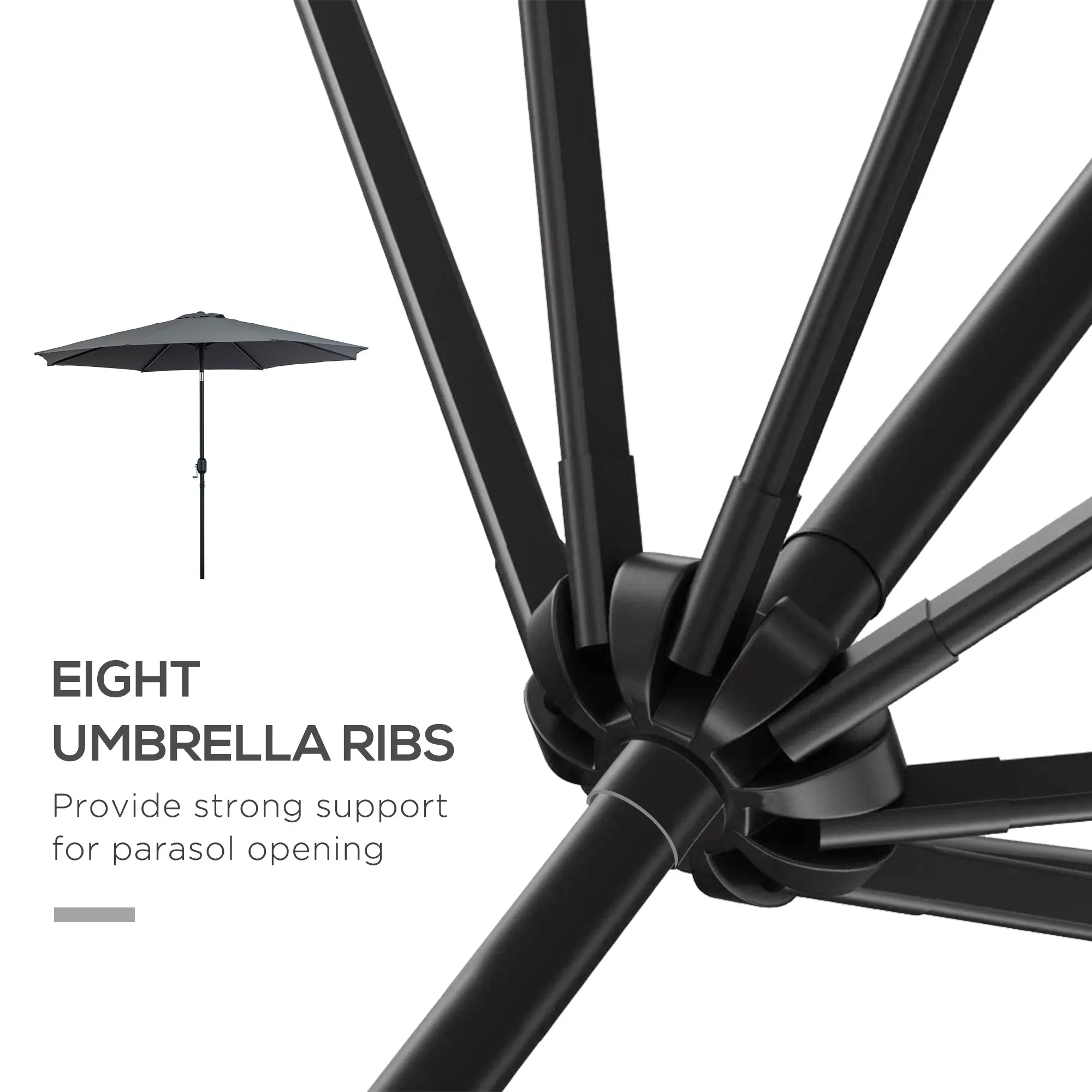 3(m) Tilting Parasol Garden Umbrellas, Outdoor Sun Shade with 8 Ribs, Tilt and Crank Handle for Balcony, Bench, Garden, Grey