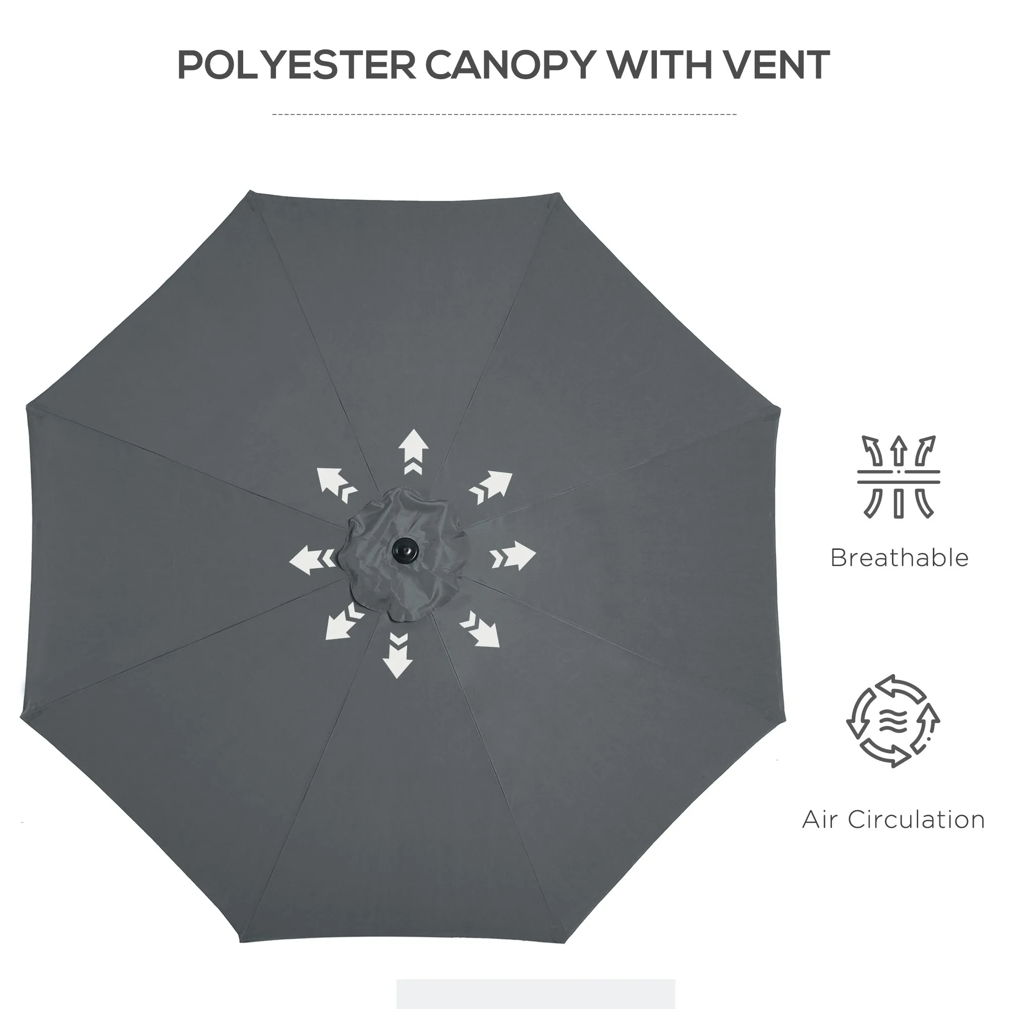 3(m) Tilting Parasol Garden Umbrellas, Outdoor Sun Shade with 8 Ribs, Tilt and Crank Handle for Balcony, Bench, Garden, Grey