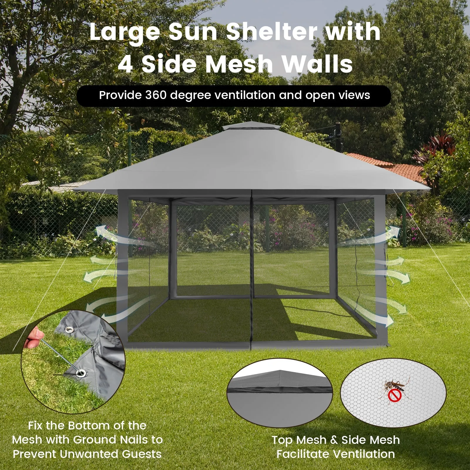 4 x 4m Pop-up Gazebo with Mesh Sidewalls and Adjustable Height-Grey