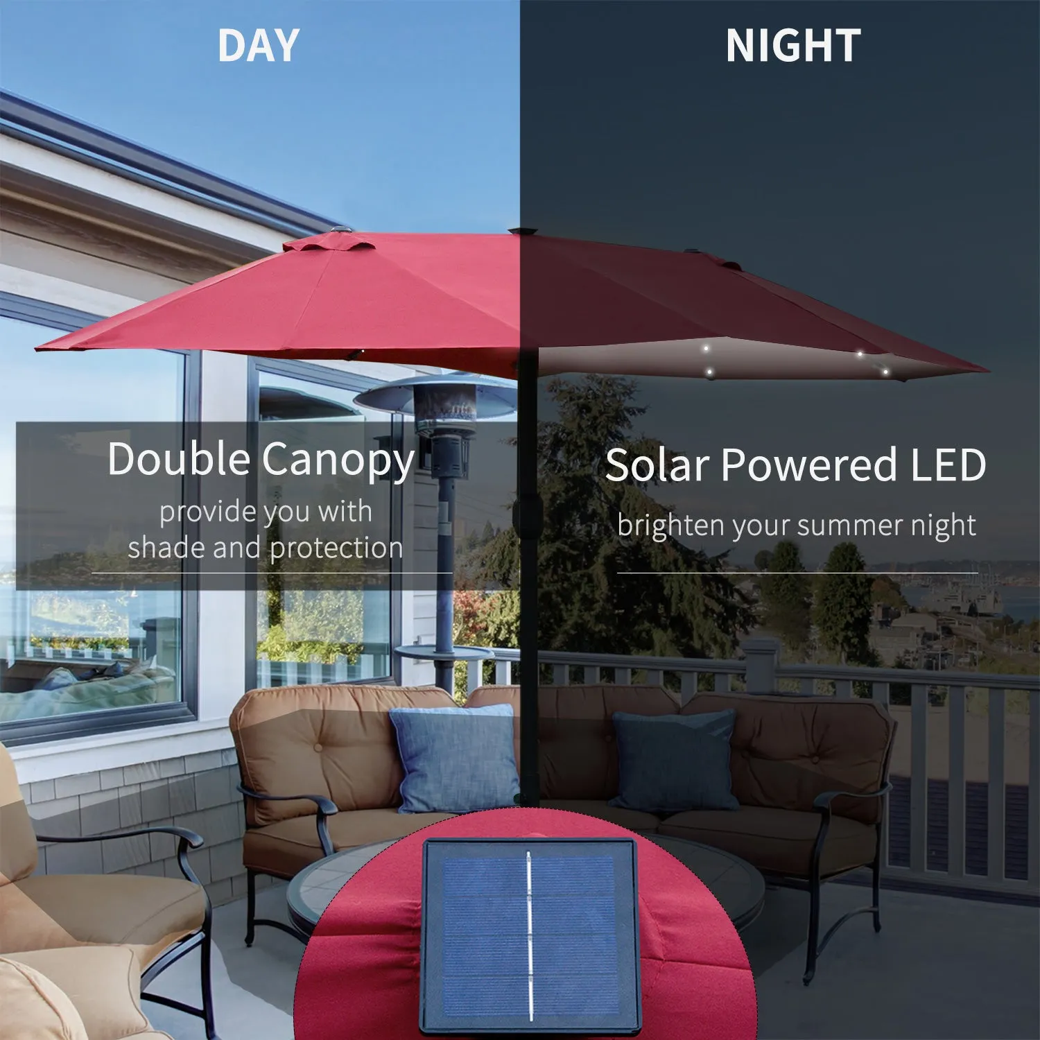 4.4m Double-Sided Sun Umbrella Garden Parasol Patio Sun Shade Outdoor with LED Solar Light, NO BASE INCLUDED, Wine Red