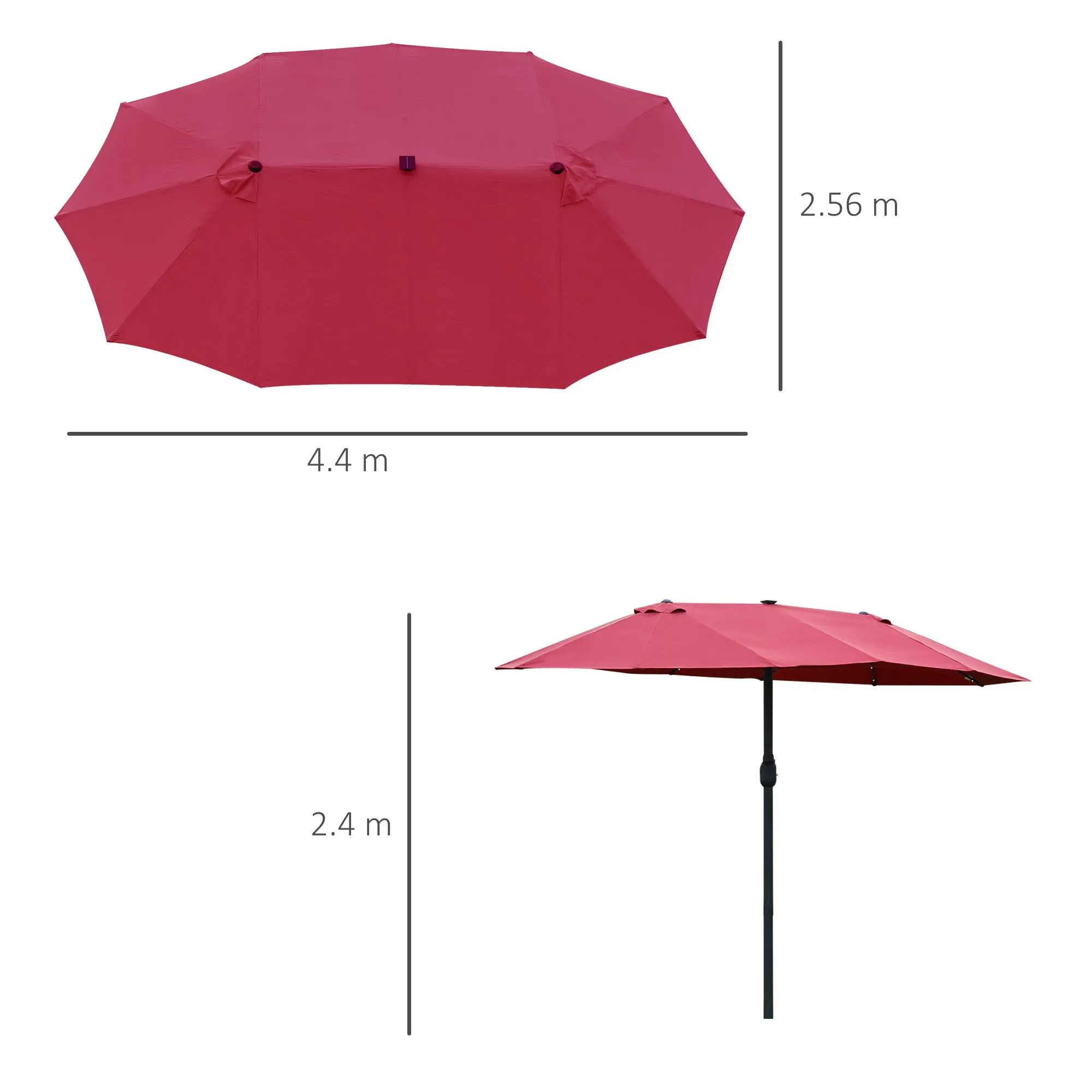 4.4m Double-Sided Sun Umbrella Garden Parasol Patio Sun Shade Outdoor with LED Solar Light, NO BASE INCLUDED, Wine Red