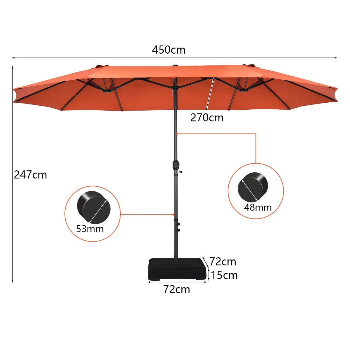 450CM Double Sided Outdoor Umbrella Twin Size with Crank Handle-Orange