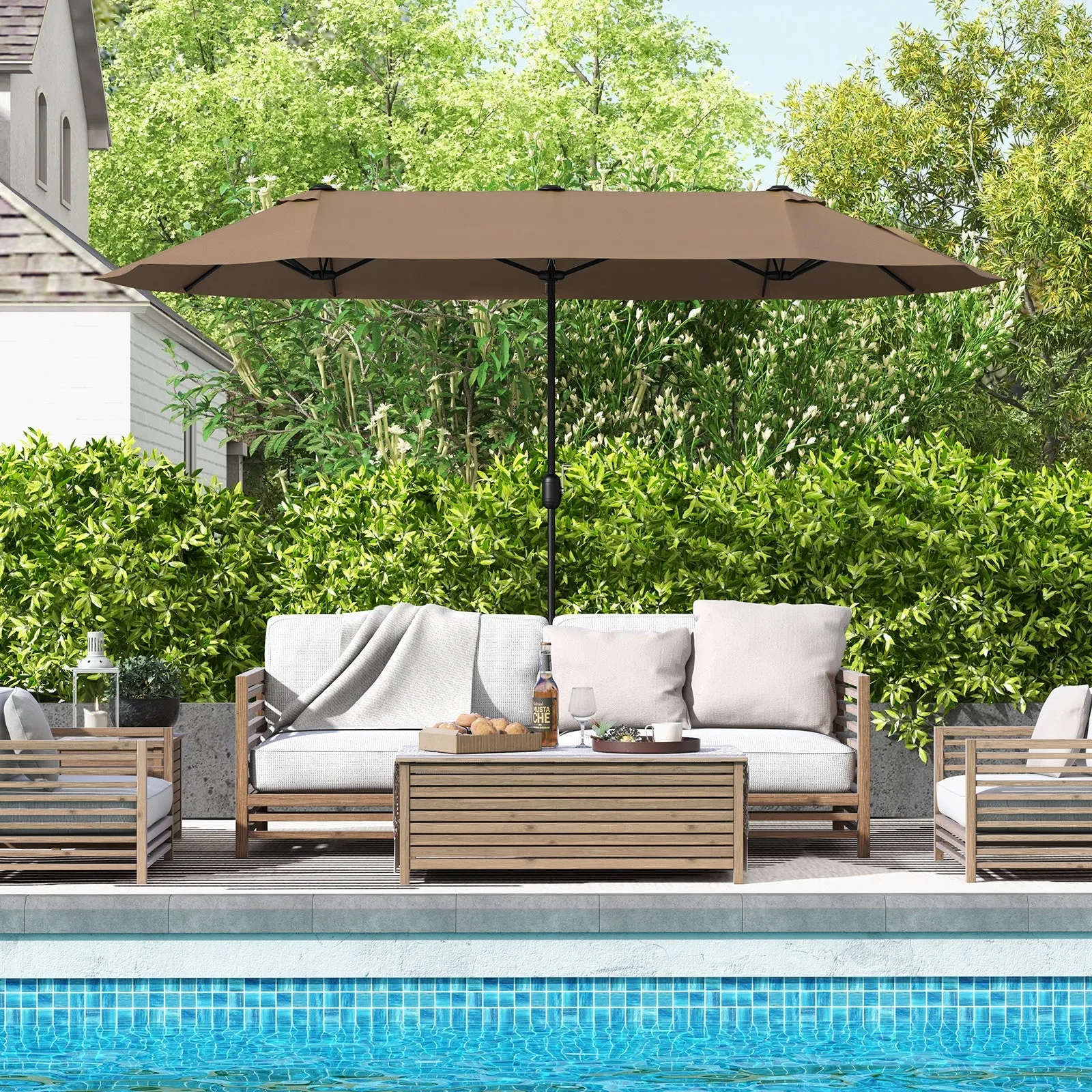 4m Double-sided Patio Umbrella with Crank Handle for Garden Pool Backyard-Tan