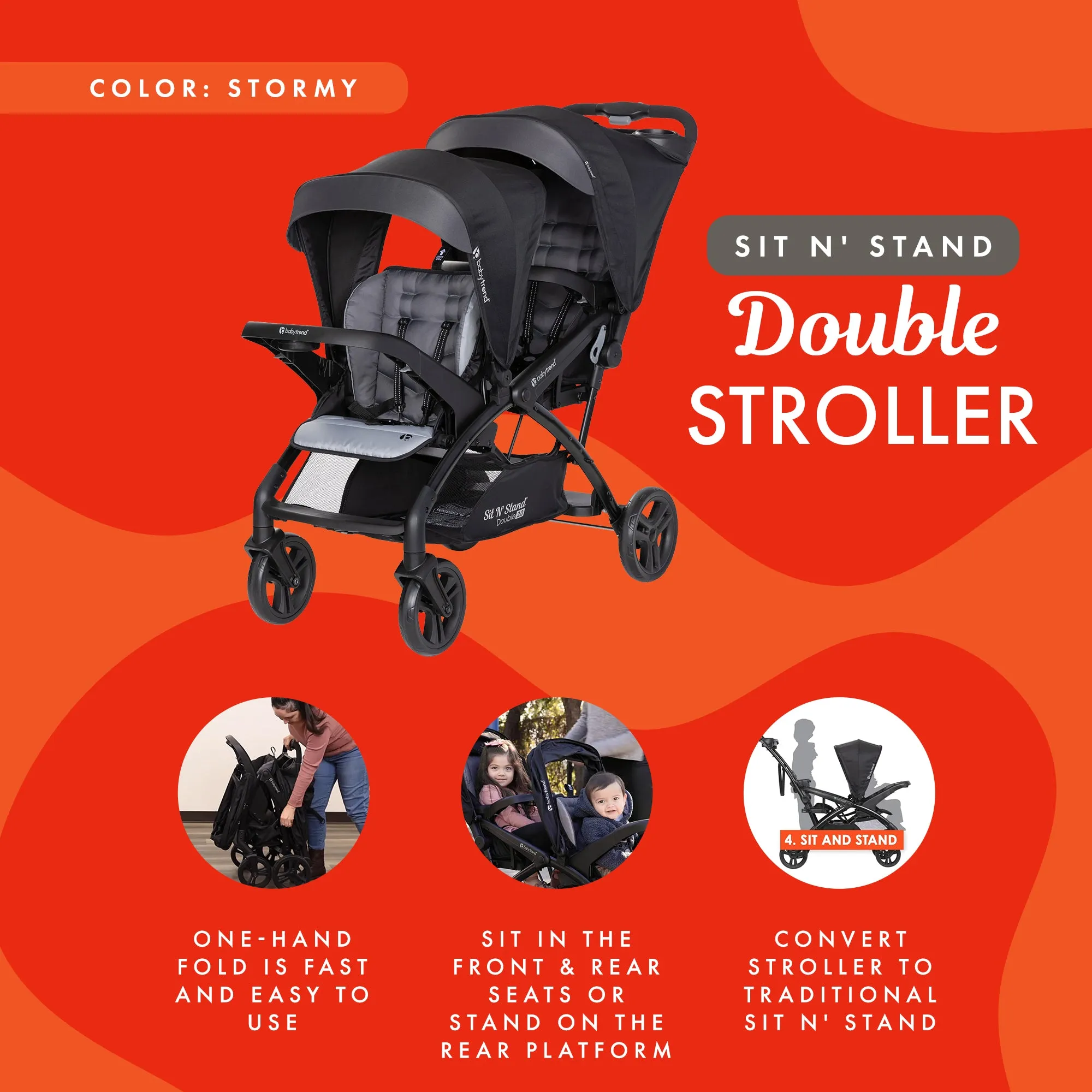 Baby Trend Sit N' Stand Double Stroller 2.0 DLX w/5 Point Safety Harness, Stormy