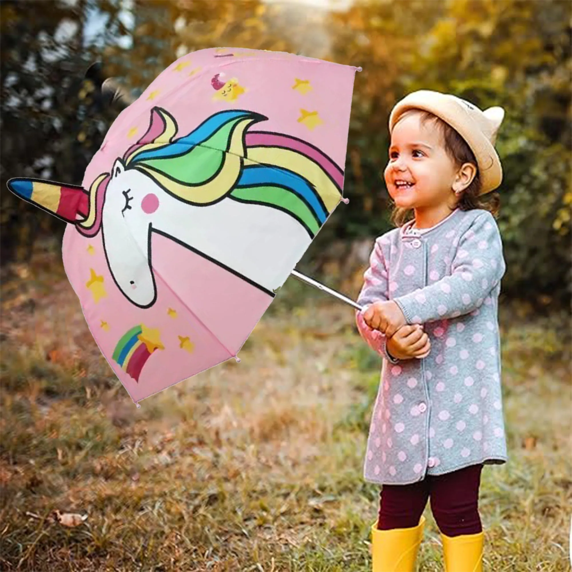 Babymoon Unicorn Designer Popup Ears Kids Umbrella | 2 To 15 Y | Pink